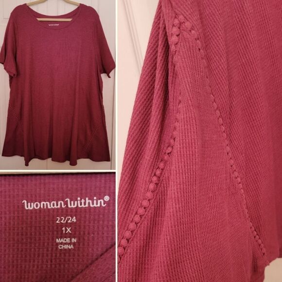 #427 Woman Within maroon waffle knit flared tunic - Picture 1 of 5